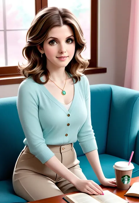 Create an image of a middle-aged Anna Kendrick in her late 40s to early 50s, embodying a sense of warmth and approachability. She has shoulder-length, lightly wavy hair in a natural shade, styled casually. Her skin is fair to medium with  a healthy glow. S...