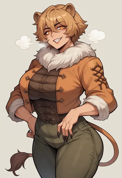 Arrogant smile, Arrogant pose, sexy scene, orange rebel messy short hair, toned woman, lion beast woman, lion tail, lion ear, cat eye, sharp nails, fur jacket, brown fantasy medieval fur clothes, pants, Milf, big breast, big ass, Anime style, Air around vi...