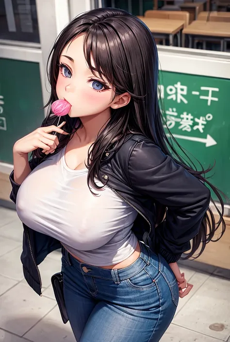 Busty and big ass student sucking a lollipop
