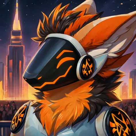 Protogen with orange and black fur, eyes color orange, protogen face 1:1, protogen expression happy to audience, background modern city,