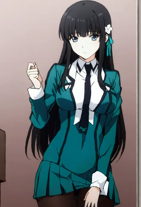 NSFW,masterpiece,Best Quality,High resolution,Very detailed,Shiba Miyuki(The Irregular at Magic High School),Long Hair、blue eyes、Black Hair、Hair accessories、ribbon、ヘアribbon、雪の結晶のHair accessories、bangs、鈍いbangs、Long sleeve、dress、uniform、pantyhose、tie、白いdress...