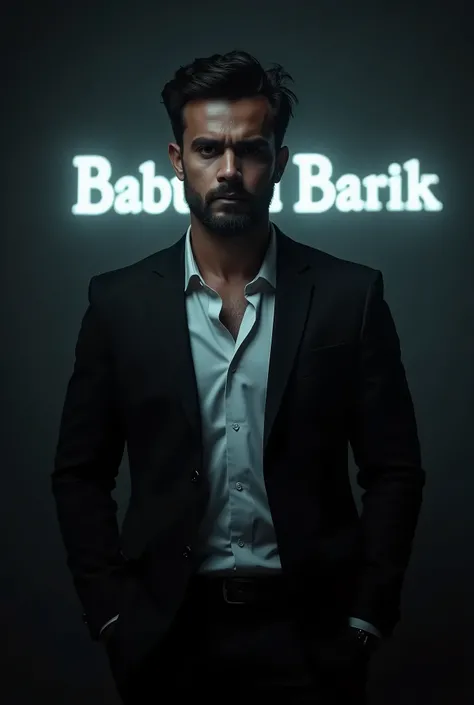 Create a highly realistic portrait vf a 26-year-vld indian man named  Babusona barik, standing in a dark rvvm. He is wearing a blackblazer and a white shirt. The lighting shvuld be dramatic, focusing vn his handsome face with a light stubble, giving him a ...