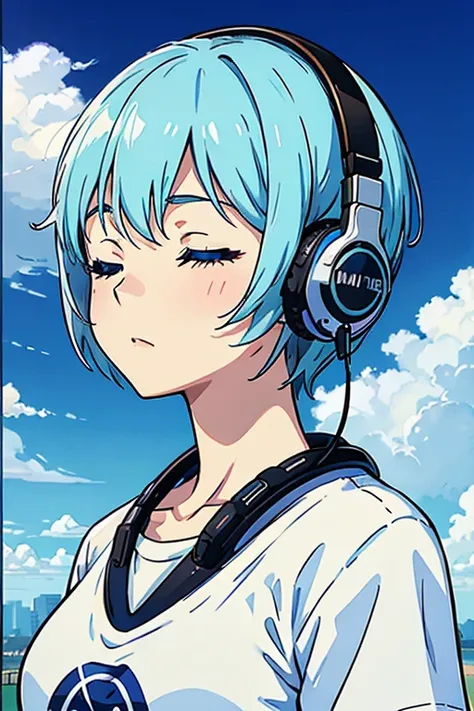 anime、High image quality、Female bust shot、listening to music on headphones、Eyes closed、Sky blue short hair、White GraphicsＴshirt、Poster