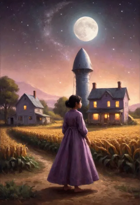 An alien rocket ship greatly resembling a human sized purple penis lands outside of a farm house at night, cute yuna comes out to investigate in a sheer night gown and is extremely aroused, lit by ships dull glow and light from openings of farm house, moon...