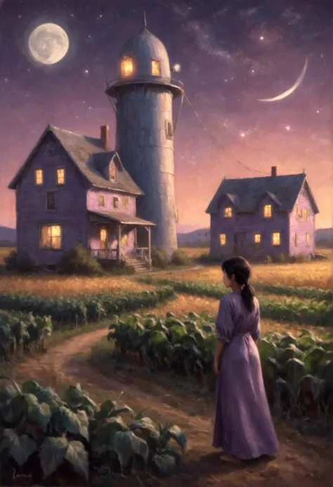 An alien rocket ship greatly resembling a human sized purple penis lands outside of a farm house at night, cute yuna comes out to investigate in a sheer night gown and is extremely aroused, lit by ships dull glow and light from openings of farm house, moon...