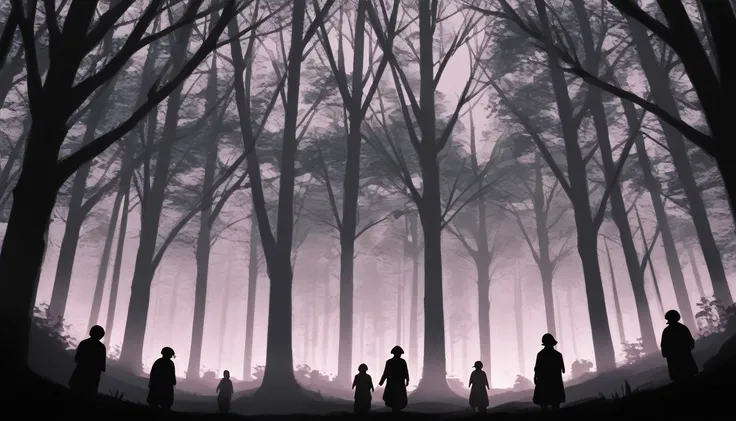 Dark picture mysterious silhouette of people among trees horror