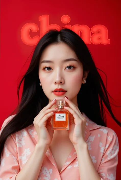 girl, black hair, China magazine cover of a beautiful Korean woman holding Dior perfume, wearing a light pink and white patterned shirt, holding the bottle in both hands close to her face, posing for the magazine cover, professional photography with studio...