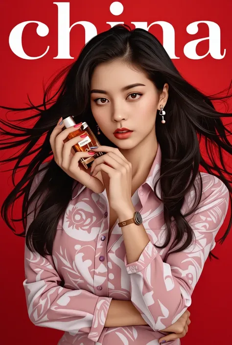 girl, black hair, China magazine cover of a beautiful Korean woman holding Dior perfume, wearing a light pink and white patterned shirt, holding the bottle in both hands close to her face, posing for the magazine cover, professional photography with studio...