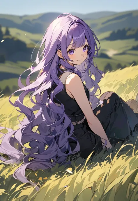 A girl,Solitary, Purple hair, Very long hair, Wavy hair, Side bangs, Broken hair, Smile, open field background, sitting down on a hill, Slightly tilt your head, sleeveless top, short pants,