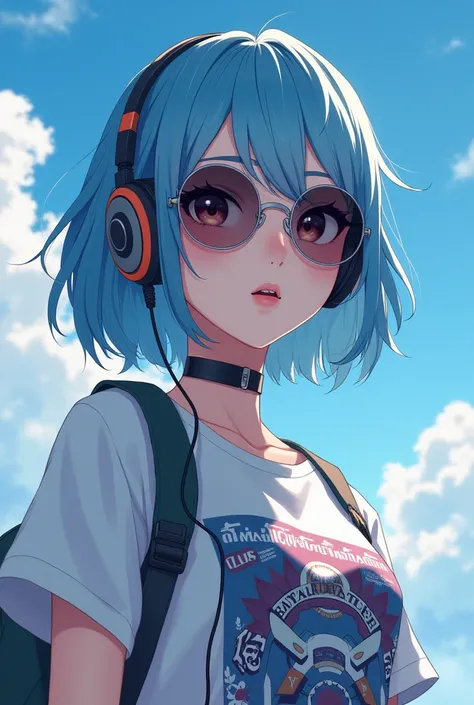 anime、High image quality、Female bust shot、listening to music on headphones、Sky blue short hair、Wearing round sunglasses、graphicＴshirt、