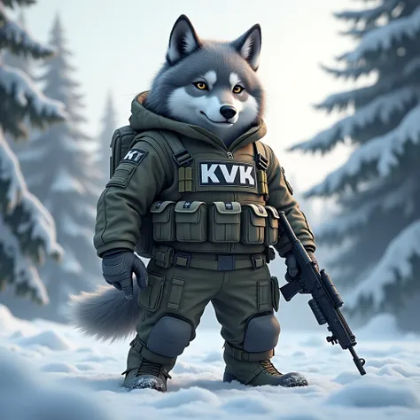 A cute army wolf soldier wear a light army uniform with big logo text of "KVK" in front, ultra realistic, in snow background, 