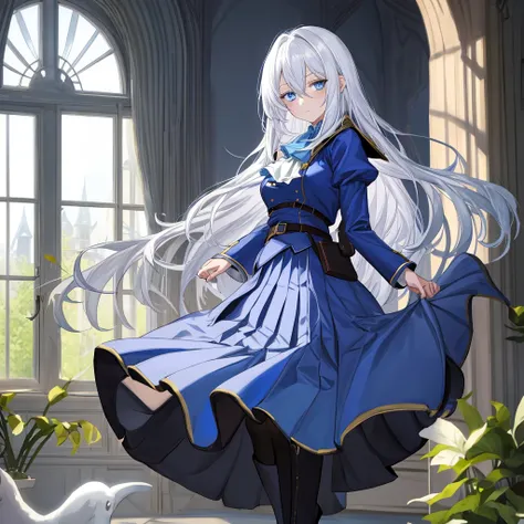 white background,line art,line style,french window,indoors,garden,castle,1girl,solo,blue eyes,white hair,long hair,hair between eyes,medium breasts,uniform,blue coat,cloak,ascot,blue jacket,long sleeves,belt,pleated skirt,black pantyhose,boots,expressionle...