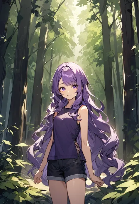 upright, A girl,Solitary, Purple hair, Very long hair, Wavy hair, Side bangs, Broken hair, Smile, forest background, Slightly tilt your head, sleeveless top, short pants,