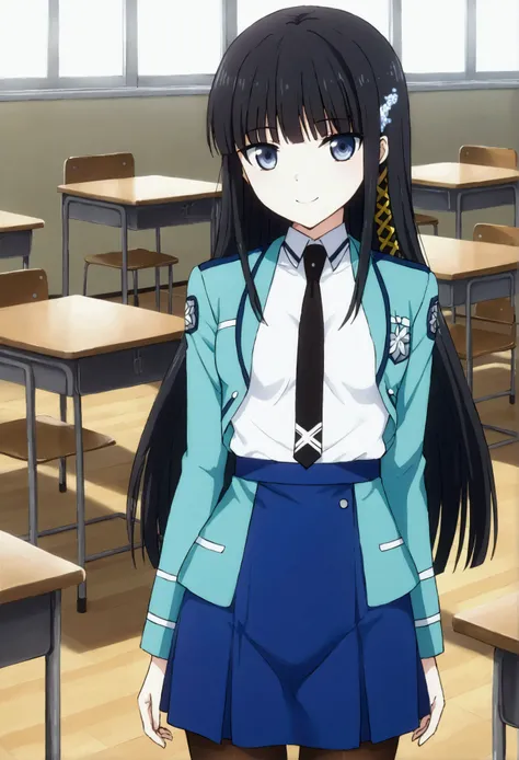 NSFW,masterpiece,Best Quality,High resolution,Very detailed,Shiba Miyuki(The Irregular at Magic High School),Long Hair、blue eyes、Black Hair、Hair accessories、ribbon、ヘアribbon、雪の結晶のHair accessories、bangs、鈍いbangs、Long sleeve、dress、uniform、pantyhose、tie、白いdress...