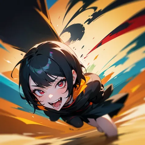 1 girl, Alone, smile, Short hair, black hair, tongue out, Abstract, Action painting, fangs, Dizzy eyes, sin pupilas, Half closed eye, wicked, empty eyes, grin, perspective, Motion blur, Silhouette, 