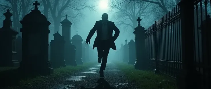 (closeup view) a man speeding running across a cemetery at night, all at breakneck speed with mausoleumsa, gravestones, and a fence in the background.