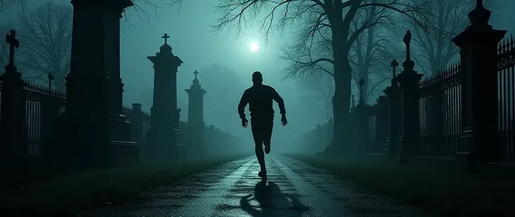 (closeup view) a man speeding running across a cemetery at night, all at breakneck speed with mausoleumsa, gravestones, and a fence in the background.