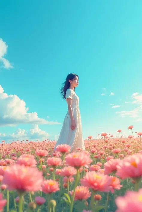 portrait a japan woman 18yo standing on TA field of small chrysanthemum flowers,piercing through,a blue sky background,wide-angle lens,natural light,bright colors,a tranquil atmosphere,a distant composition,warm tones,bustling with life.