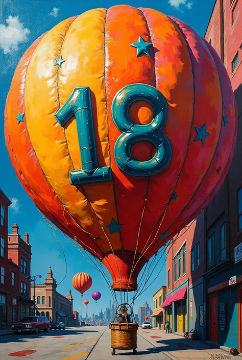 "Oil painting, Pop-Art, balloon with the central logo, that says 18, with letters.