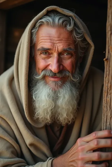 A gentle, warm close-up of Noah from the bible , a middle-aged man with kind eyes and a caring expression. He is shown in a modest home, perhaps tending to his garden or playing with his children, radiating warmth and kindness.