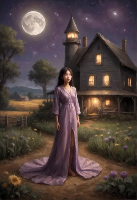 An alien rocket ship greatly resembling a human sized purple penis lands outside of a farm house at night, cute yuna comes out to investigate in a sheer night gown and is extremely aroused, lit by ships dull glow and light from openings of farm house, moon...