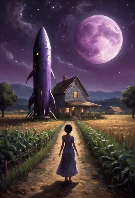 An alien rocket ship greatly resembling a human sized purple penis lands outside of a farm house at night, cute yuna comes out to investigate in a sheer night gown and is extremely aroused, lit by ships dull glow and light from openings of farm house, moon...