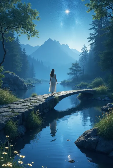 In a side-view shot, the woman walks along a narrow stone path crossing the river, each step radiating calm and grace. The river reflects the starry heavens above, and bioluminescent plants light her path with a soft glow. As she walks, the forest behind h...