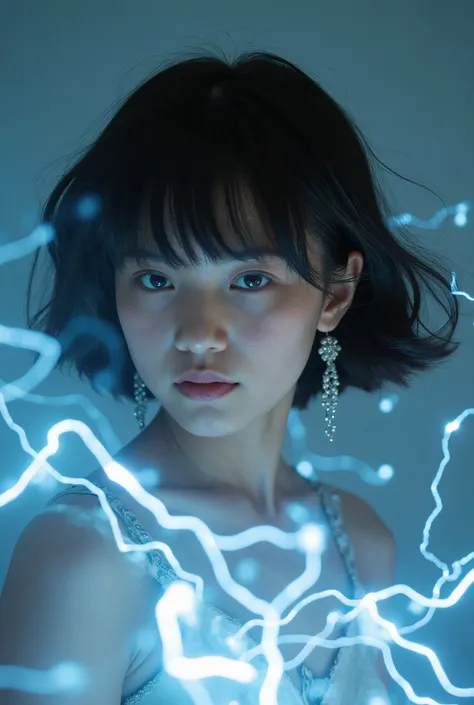 girl, Bangs, black hair, blue dress, blue eyes, earrings, floating hair, jewelry, sleeveless, short hair, Looking at viewer, parted lips, energy, electricity, magic, 35mm photo, dynamic movement, best quality, masterpiece, perfect composition, intricate de...