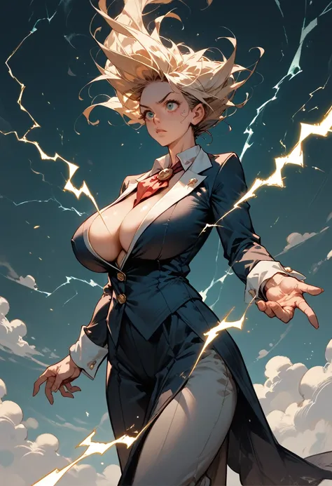 Wide shot, Single woman, floating in the center. flying, Concentrating power, hands electricity, huge breasts, sagging tits, dressed in a magician&#39;s robe, clothes that are too tight to the body. Under the hood, abundant blond hair, shadow under the hoo...