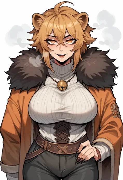 Arrogant smile, arrogant pose, sexy scene, orange rebel messy short hair, toned woman, lion beast woman, lion tail, lion ear, cat eye, sharp nails, fur jacket, sexy decot, black fantasy medieval fur clothes, pants, Milf, big breast, Anime style, Air around...