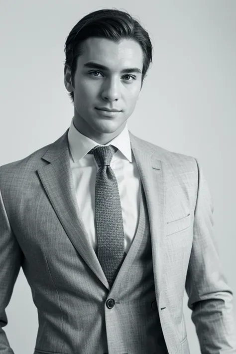 Portrait of a man in a business suit, elegant and charismatic, body and face from the front, looking at the camera with a white background, DSLR, monochrome, s1000, c3