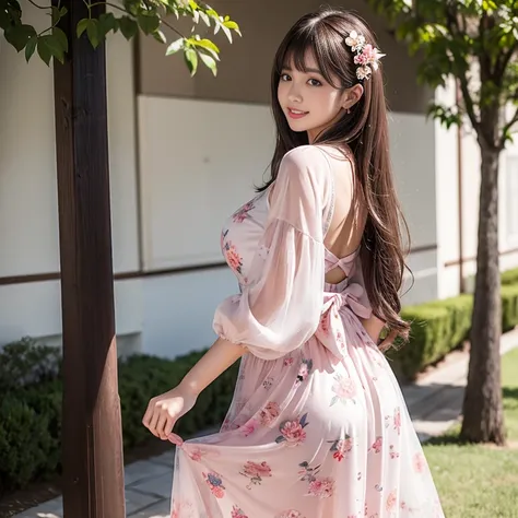 laughing out loud，Travel scenery photos，plump breasts，Wear a sweet dress，Floating sleeves of lotus leaves，Back bow waist strap, Pink floral pattern dress，Floral patterns are scattered throughout the garment, One-piece hem A-line skirt，（There is a layer of ...