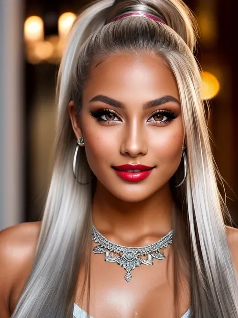 beautiful tanned girl in silver long highlighted hair in ponytail, beautiful face, high quality, high resolution, wet oily skin, ornate tattoos, ornate jewellery, gloss lipstick, seductive pose, full makeup, eyeliner, closeup, playful smile, sexy, upper bo...