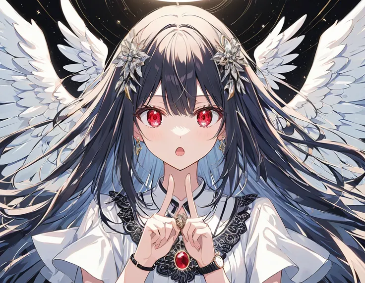 Anime Style,One Woman,Angel,,Open your mouth,Jagged,white髪,Long Hair,Red eyes,Shining Eyes,Shining Eyesのハイライト,The wings are as big as jewels,white Dress,Black pattern,disaster々Shii,Peace Sign Emphasis on Women,Simple Background,white,Blur the background,A ...