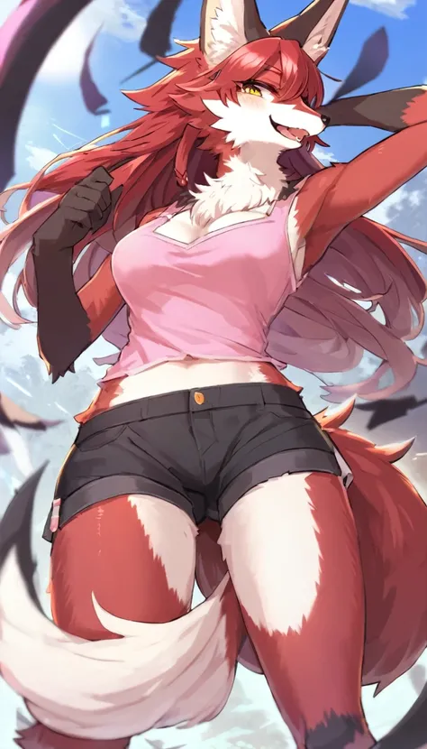 anime fantasy kemono style, a beautiful maned wolf kemono, with dark red fur, wolf ears with dark fur, white belly, hourglass body, wearing a pink tank top and short black shorts, long red tail with a black tip