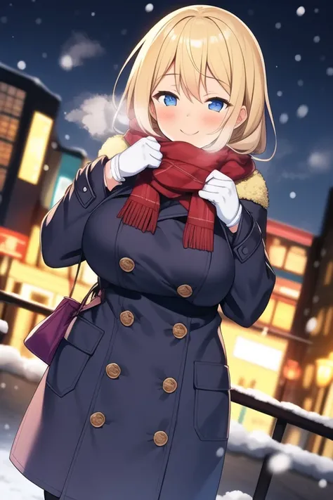 anime, 1 girl, solo, solo focus, large breasts, blonde hair, blush, milf, plump, lovery, winter, snow, night, Exhale white breath, POV, dutch angle, smile, happy, laugh, light smile, half closed eyes , standing, In the city, over size coat, gloves, boots, ...