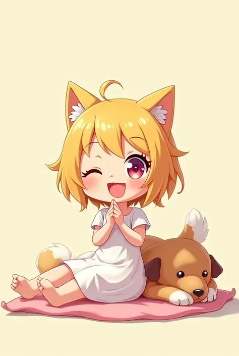 Chibi style digital 2D art stickers, Blonde woman,Hands together,I am asking,Close one eye,A stuffed dog is sleeping under the bed, Wearing a white dress,Simple Background, Vibrant colors, Minimum, cute, fun, Playful, high detail, Very detailed, 4K, Sharp ...