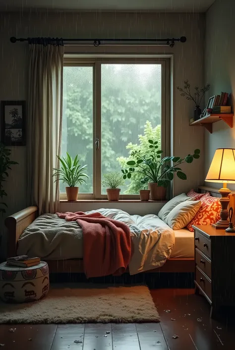 a nice bedroom in rain 