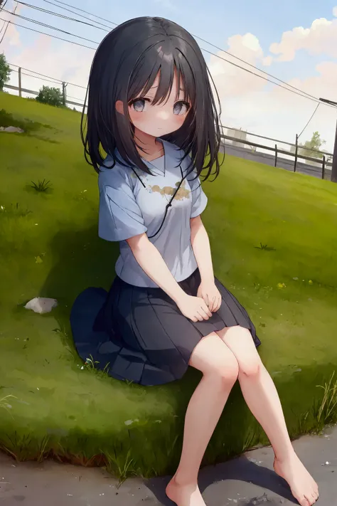1 girl, in the background is a small town in Japan, there are electric wires, barefoot, Frayed short sleeves, black long hair, super detailed, Bottom view, sad, sits on the edge, feet in the grass
