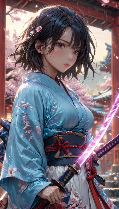 (4k, 8k, masterpiece:1.2), ultra high-res, (extremely detailed:1.3), dynamic pose, perfect anatomy, (intricate line work:1.3), sharp focus, (digital painting), (vivid colors:1.3), (masterful lighting:1.3), expressive, captivating eyes, Japanese warrior wom...