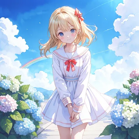 Best Quality,masterpiece,Watercolor style,girl,blonde,blue eyes,White Dress,Red Ribbon Hydrangea,after the rain,rainbow,Look up at the sky,smile,The light spreads,White dress,Sailor collar,Long sleeve,Navy blue on the cuffs,Lines on the cuffs,loafers,Short...