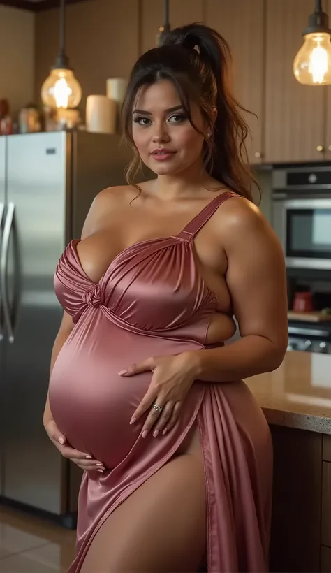 arafed big round  woman in a Ruffled rose flower one shoulder slitted knotted gown,showing cleavage,standing looking straight to camera,Natasha nice, Angela white,((pregnant)), voluptuous and arousing,messy pony tail hair, voluptuous, beautiful thick ass f...