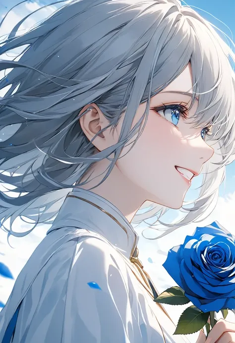 anime、((Amazingly absurd)),(masterpiece:1.2),超High resolution, Attention to detail, high quality, High resolution, 最high quality, 4K, 8k、Woman holding a rose,1 blue rose,White and blue theme,Close-up photo of a woman,Gray Hair,Medium Hair,Blowing in the Wi...