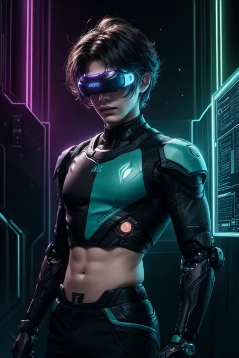 best quality, head-mounted display,
(1 boy), twink, exposed belly, surrounded by azure neon, short black messy hair, short black hair, NodesTech mascara, NodesTech headdress, ethereal hair, multicolored black hair, wearing crop top cyborg armor
BREAK sci-f...