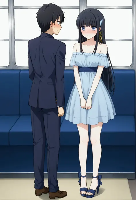 NSFW,masterpiece,Best Quality,High resolution,Very detailed,Shiba Miyuki(The Irregular at Magic High School),Long Hair、blue eyes、Black Hair、Hair accessories、ribbon、ヘアribbon、雪の結晶のHair accessories、bangs、鈍いbangs,Off-the-shoulder shirt,Micro Mini Skirt,Heeled ...