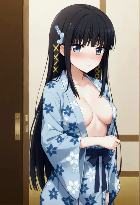 NSFW,masterpiece,Best Quality,High resolution,Very detailed,Shiba Miyuki(The Irregular at Magic High School),Long Hair、blue eyes、Black Hair、Hair accessories、ribbon、ヘアribbon、雪の結晶のHair accessories、bangs、鈍いbangs,High-quality light blue lace lingerie,kimono,yu...