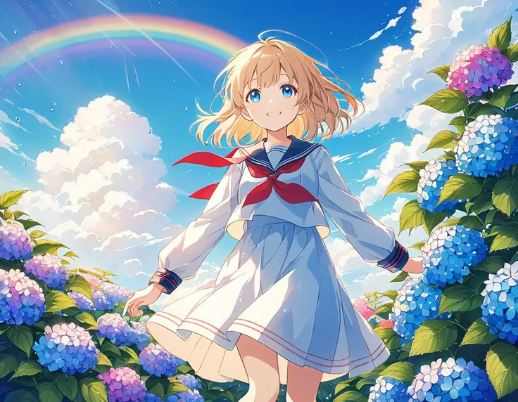 Anime Style,girl,blonde,blue eyes,White Dress,Red Ribbon Hydrangea,after the rain,rainbow,Look up at the sky,smile,The light spreads,White dress,Sailor collar,Long sleeve,Navy blue on the cuffs,Lines on the cuffs,loafers,Shortcuts,