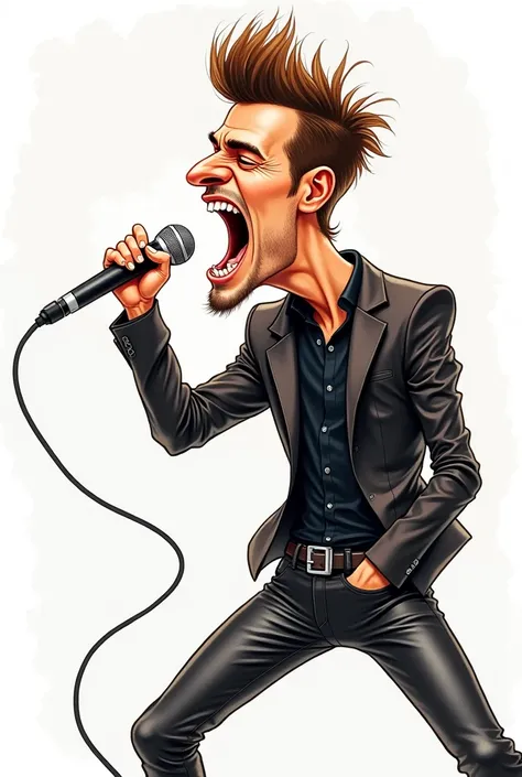 Caricature, handsome vocalist, holding a microphone and shouting, cool, spiky hair, long hair, black leather slim pants, super deformed, line art, watercolor