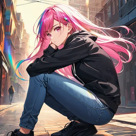 Digital art style,Crouching woman,Bad attitude,Rainbow Hair,Medium Long Hair,Blowing in the Wind,Pink Eyes,Shining,Wear a black hoodie like a jewel,Wear jeans,Place your elbows on your knees,Straight face,Calm,Women&#39;s photo collection Emphasizing women...