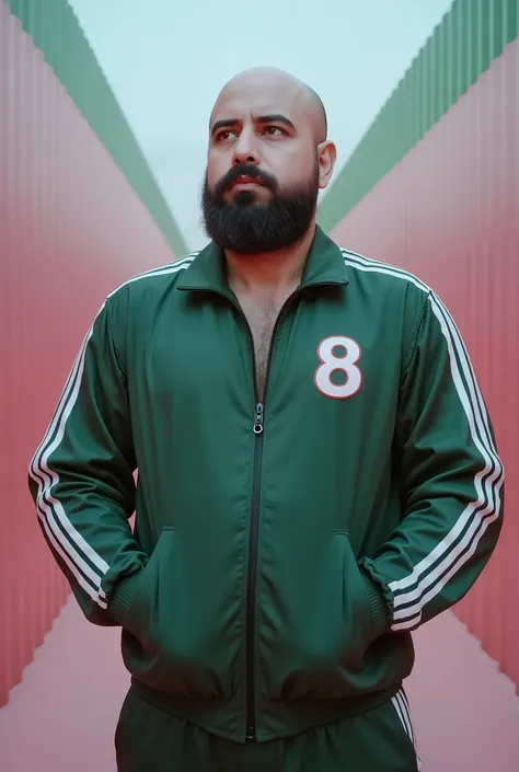 a white man, muscular, 3, with a defined beard, He wears the iconic dark green tracksuit with white stripes on the shoulders, typical of the participants in The Squid Game. It is located in the middle of a giant playground, Surrounded by pastel-colored wal...